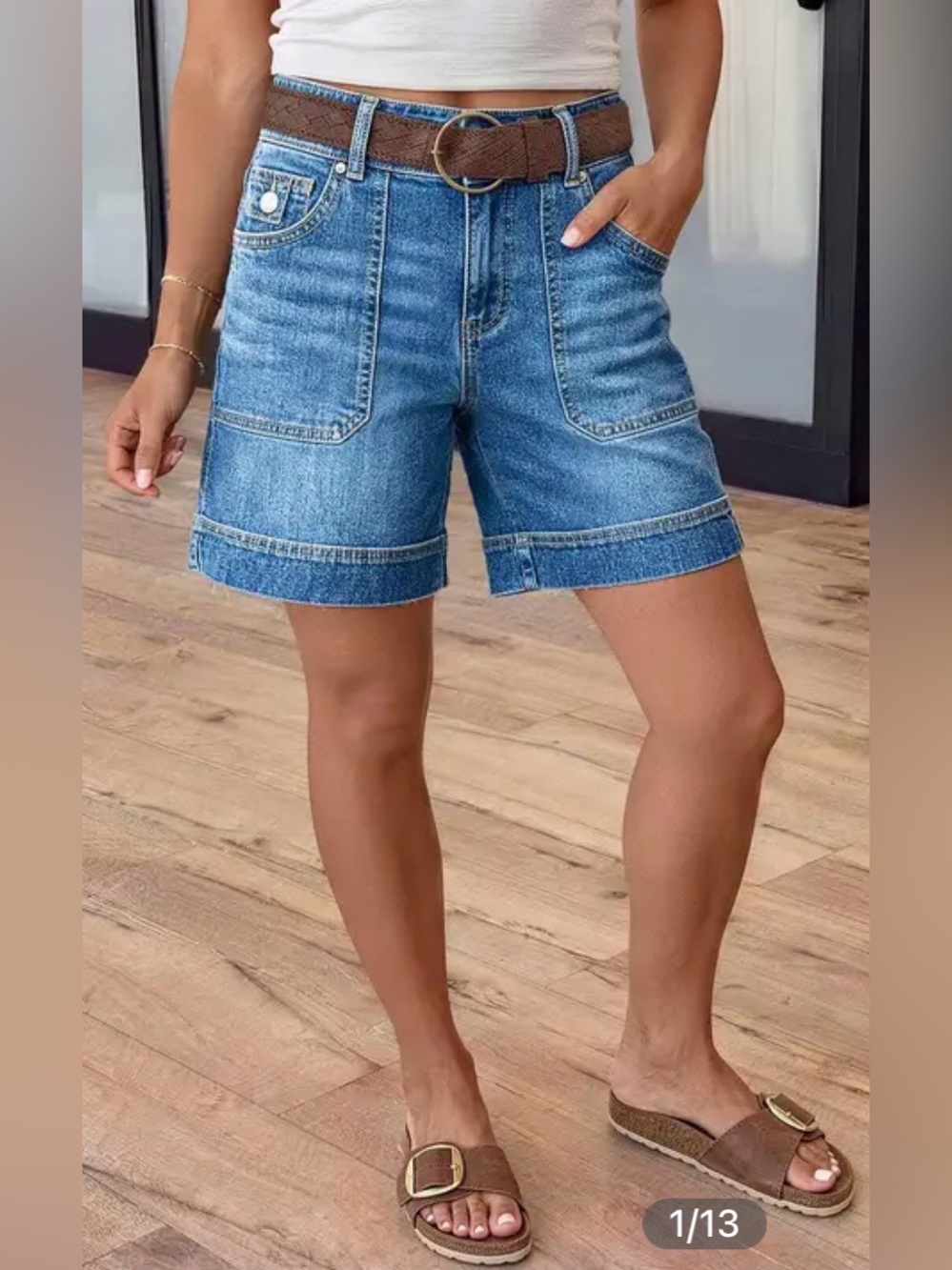 Flamingals Wash Split Mid Waist Denim Mid Thigh Shorts